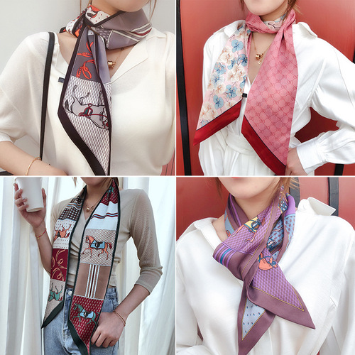 Spring and Autumn Ribbon New European and American Long Narrow Sharp Corner Sunscreen Silk Scarf Simulated Silk Warm Scarf Wholesale