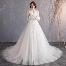 森系婚纱礼服2024新款法式复古新娘公主长拖尾赫本立领长袖显瘦仙