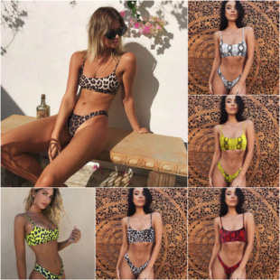 European and American foreign trade explosions ladies split swimsuit sexy leopard print bikini gathered bikini source manufacturers