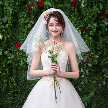 新娘短頭紗網紅旅拍拍照頭飾發梳森系簡約道具釘珍珠結婚攝影頭紗