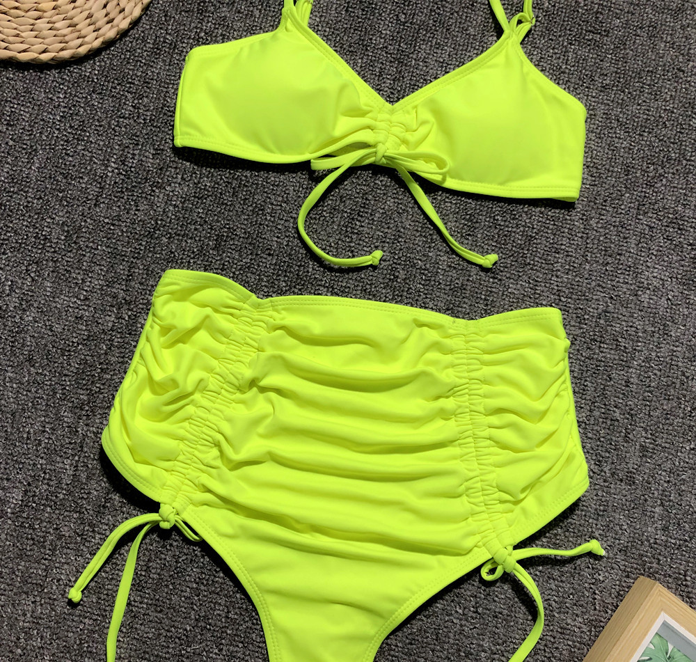 Strap High Waist Bikini Ladies Split Swimsuit Solid Color Swimwear NSDA137