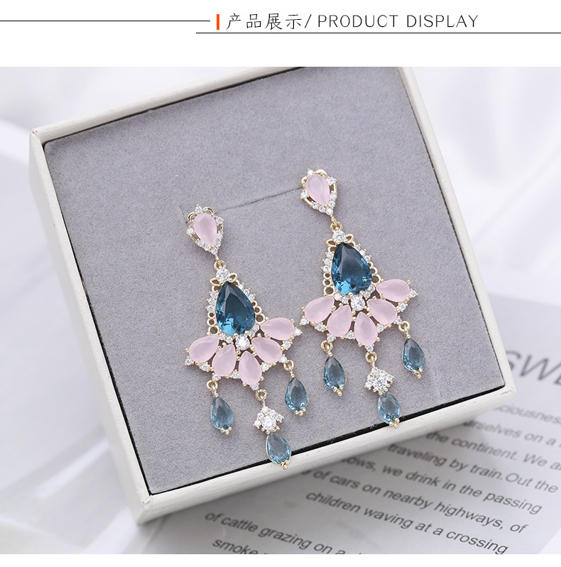 S925 Silver Vintage Color Zircon Protein Powder Long Heavy Industry Light Luxury Earrings display picture 9