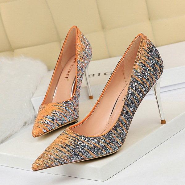 sexy banquet high heels show thin metal light mouth pointed head colo