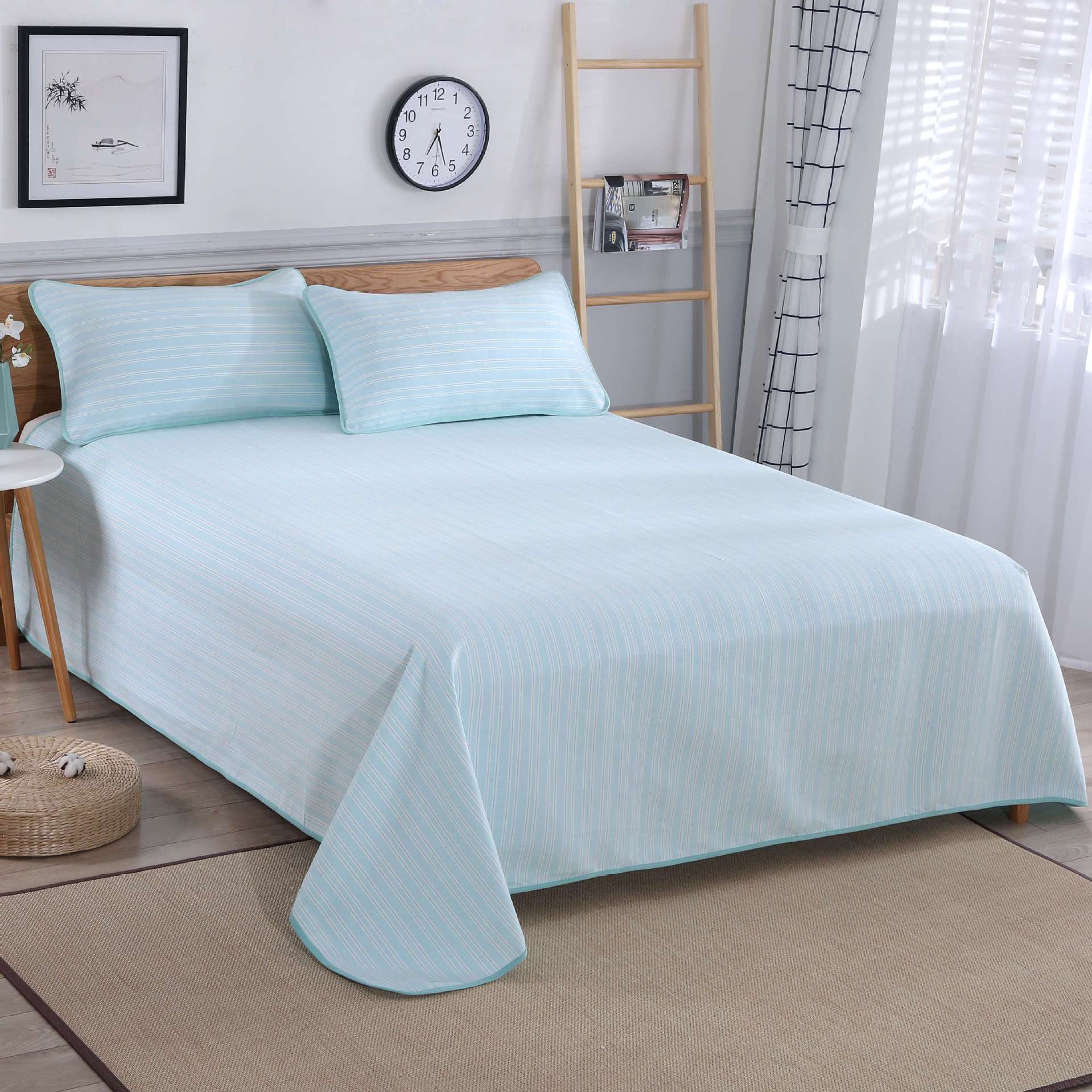 工厂直销纯棉粗布凉席床单一件代发可机洗1.5/1.8米床暖绿条