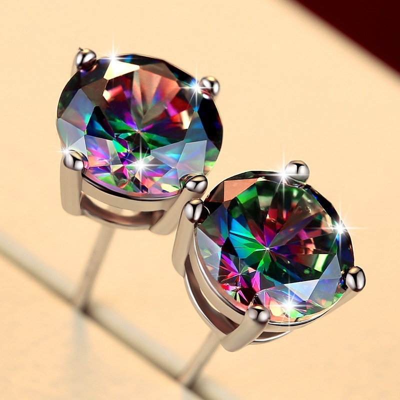 wish AliExpress earrings mysterious princess/round rainbow topaz gemstone stud earrings men's and women's all-match earrings