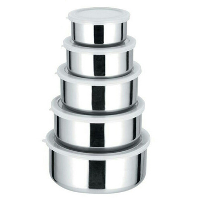不锈钢保鲜盒五件套 带盖圆形保鲜碗套装 密封零食储物盒10-18cm|ru