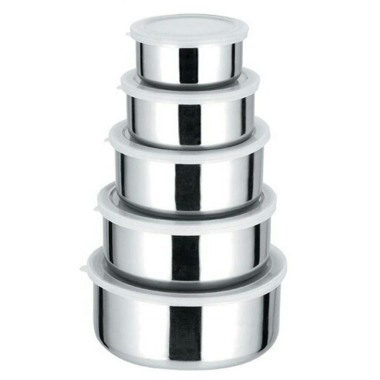 不锈钢保鲜盒五件套 带盖圆形保鲜碗套装 密封零食储物盒10-18cm|ru