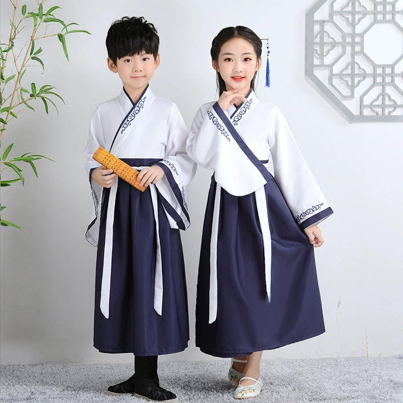 Детский древний костюм Госюэ Ханфу для мальчиков и девочек Костюм для выступления с тремя символами Сутра, церемония открытия, книга, правило детского ученика, юбка Ru, костюм для выступления