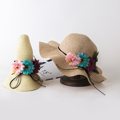 帽子女夏天波浪边大沿帽可折叠沙滩帽百搭防晒帽夏季新款亲子草帽