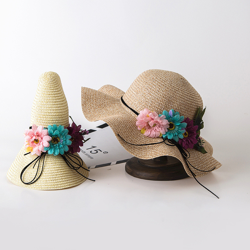 帽子女夏天波浪边大沿帽可折叠沙滩帽百搭防晒帽夏季新款亲子草帽