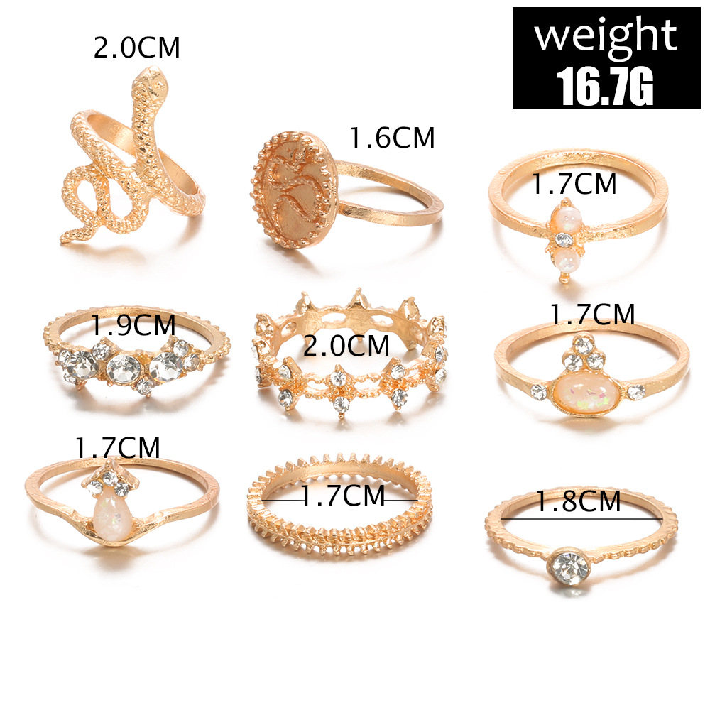 Cross-border New Ring Set Fashion Geometric Snake-shaped Diamond Leaf Ring Tail Ring 9-piece Set display picture 1