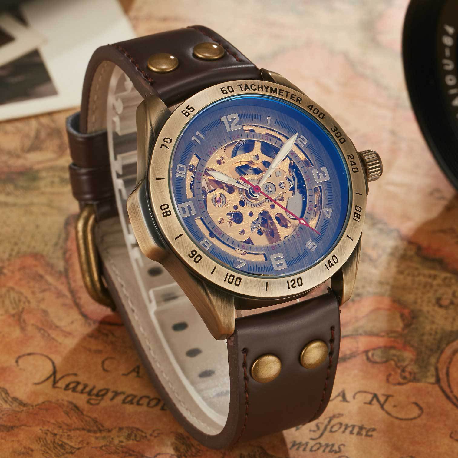 72g Weight Tempered Glass Mirror Material Genuine Leather, Steel Belt Strap Material Watch Classification Pointer Display Type Butterfly Double Snap, Buckle Buckle Style Round Dial Shape Casual, Daily Occasion Mechanical Movement Color Block Pattern All Seasons Season Men's Gender Retro Style Retro Color Block Butterfly Double Snap Buckle Mechanical Watch Men's Watches 11