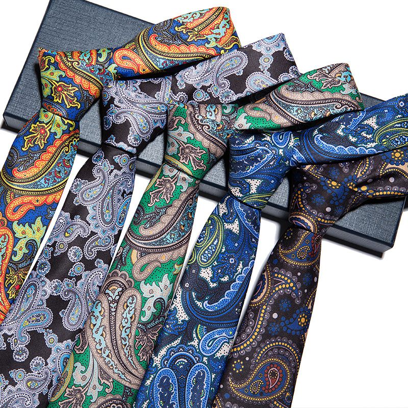 男士真絲領帶7cm桑蠶絲印花腰果紋韓版時尚商務正裝結婚窄領帶男