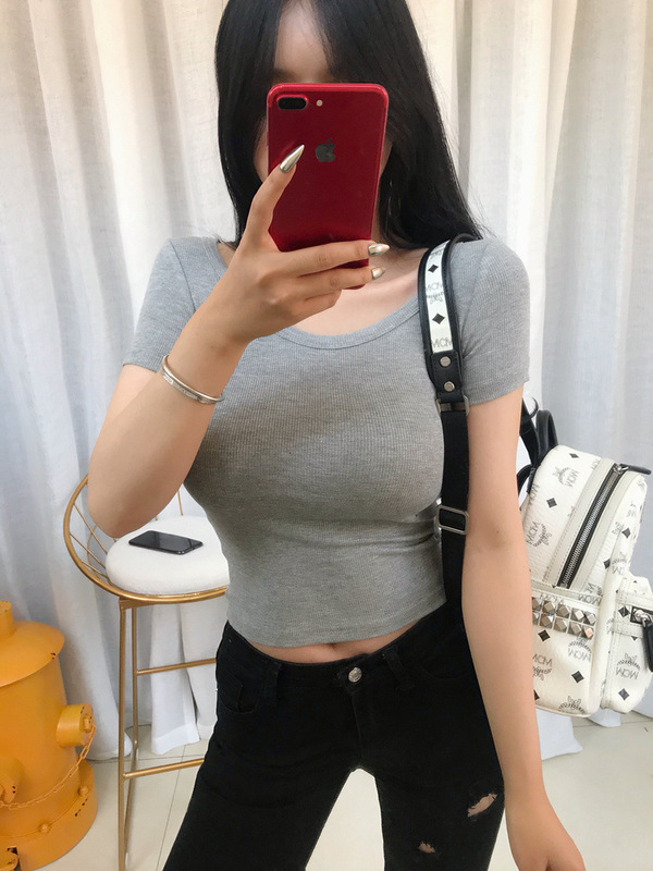 Korean Spring and Summer New Style Front and Back U-Neck Slim Fit Comfortable Sexy Short Cute Crop Top Ribbed Short-Sleeve T-Shirt for Women