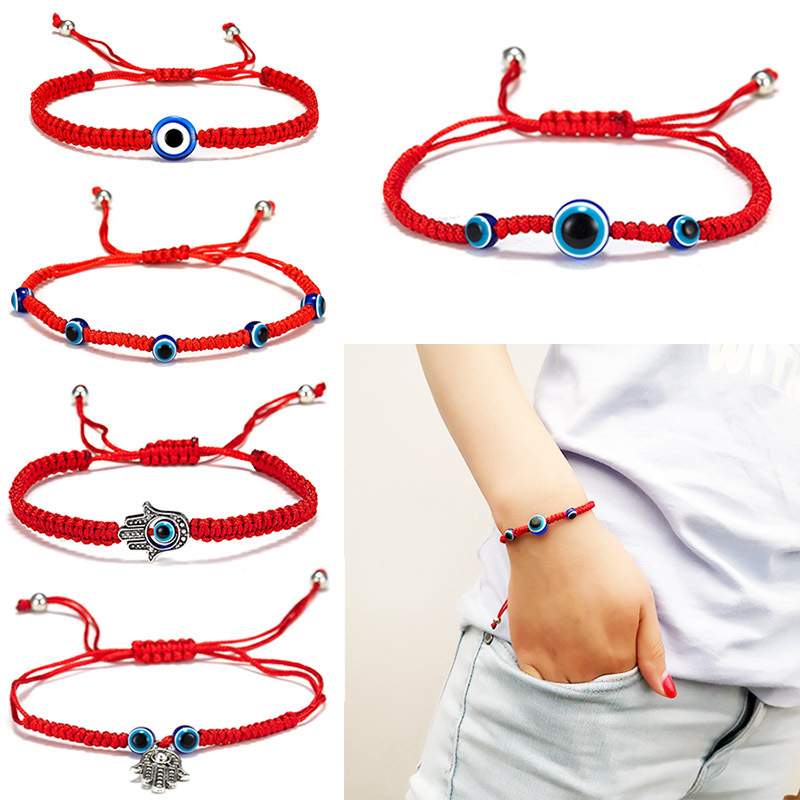 Cross-Border Hot-Selling New Model Palm-Sized Double Bead Blue Eye Evil Eye Red String Handmade Adjustable Bracelet Wholesale Beads