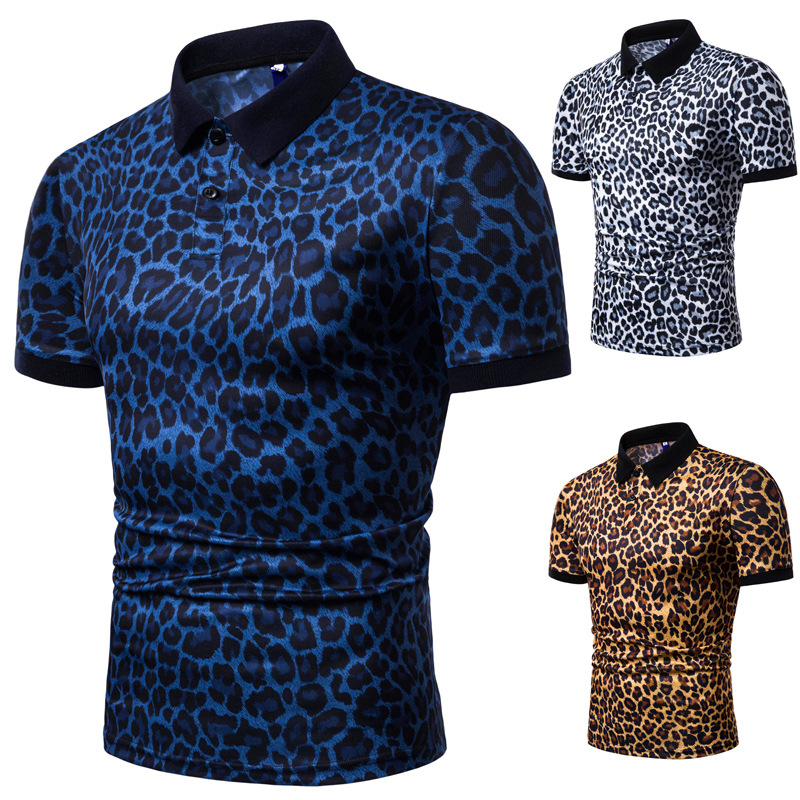 Taobao summer new men's leopard print short sleeve Lapel T-shirt for men's slim fitting British European size Paul shirt