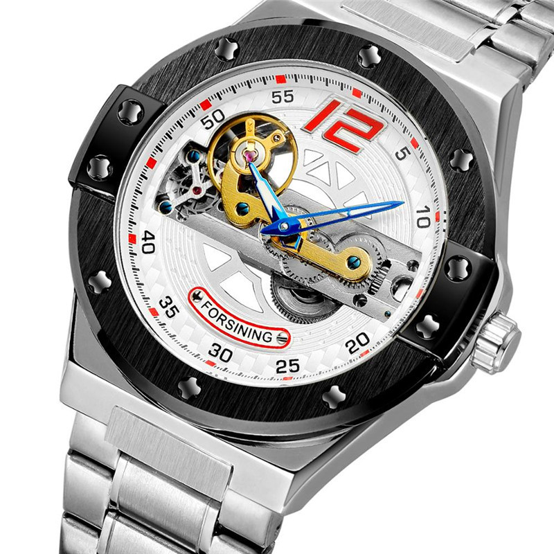 Forsining Fusini correa de acero de los hombres casual reloj mecánico automático transparente inferior hueco motocicleta reloj 897
