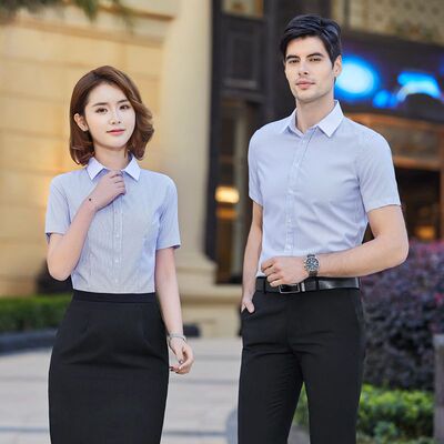 2019春夏新品職業男女同款短袖條紋襯衫西裝襯衣工作服白領服韓版