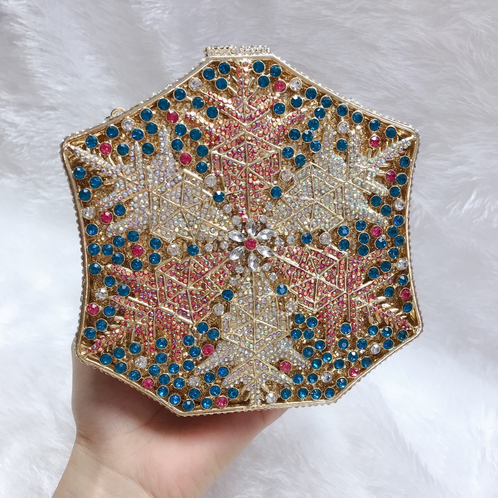 Túi clutch nữ đính pha lê kim cương bông tuyết, thiết kế hợp kim rỗng, làm bằng tay — Màu tím, Màu xanh lam, Ảnh tùy chỉnh được Cá nhân hóa, Màu đỏ hoa hồng chi tiết 24
