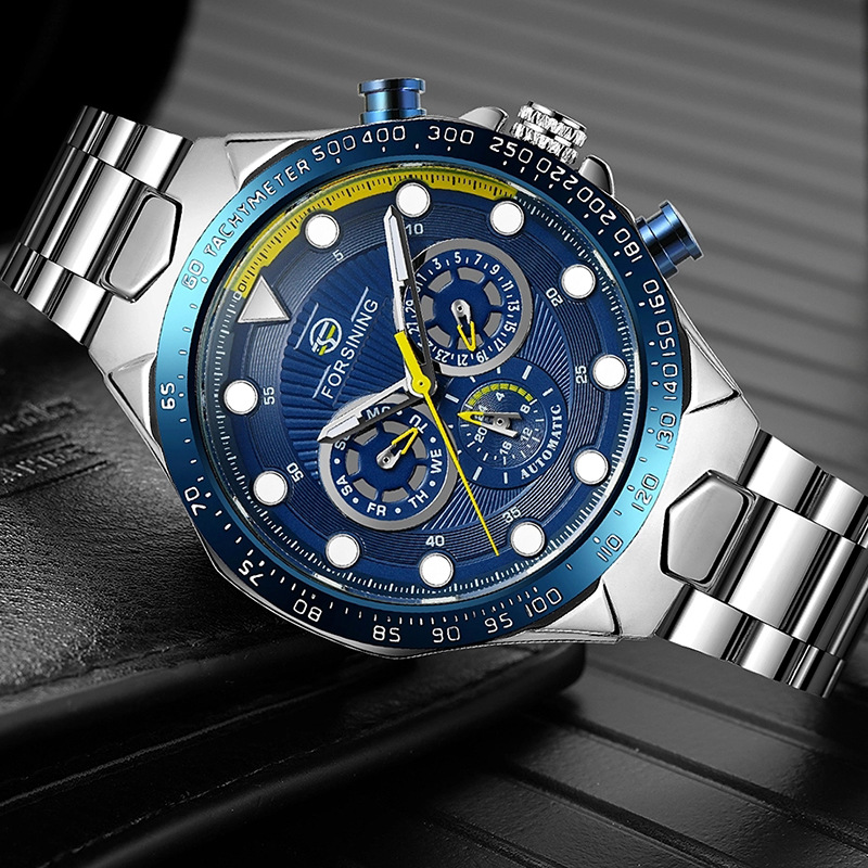 FORSINING fusini hombres moda correa de acero reloj mecánico automático reloj impermeable luminoso de seis pines 432