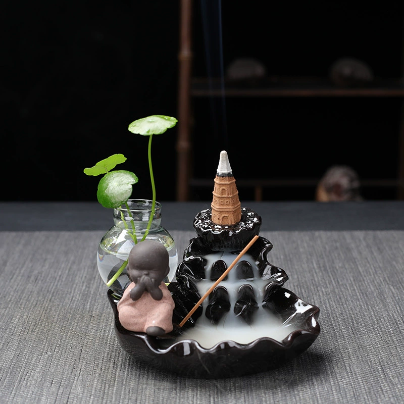  ceramic backflow incense burner (zisha) with xiao monk, flowing water design, home & office