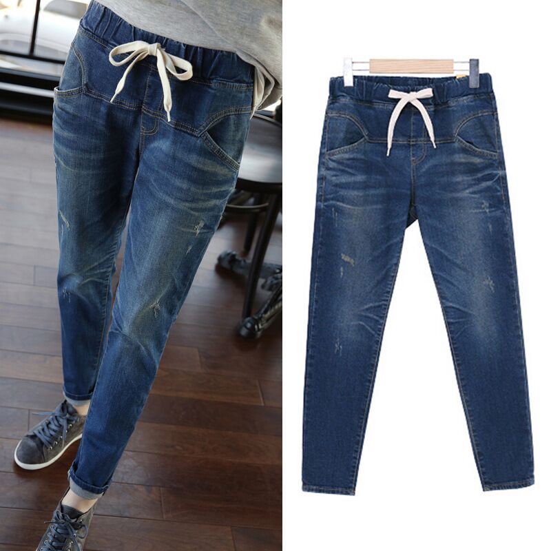 2021春季特大码女装300斤可穿牛仔哈伦裤胖mm高腰弹力牛仔长裤