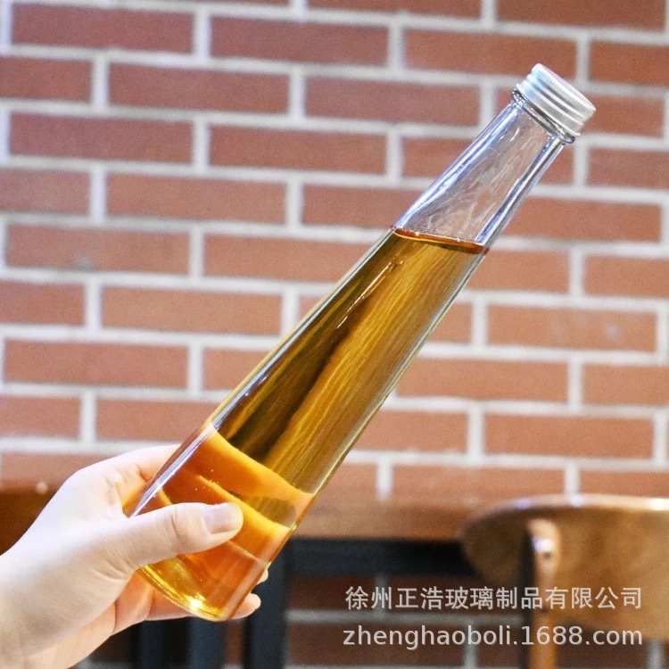 厂家新款锥形铝盖玻璃果汁饮料瓶果酒清酒瓶咖啡奶茶甜品店