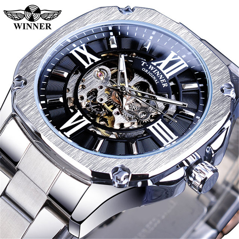 WINNER correa de acero casual para hombres reloj mecánico automático cuadrado hueco transparente inferior moda reloj mecánico Oro