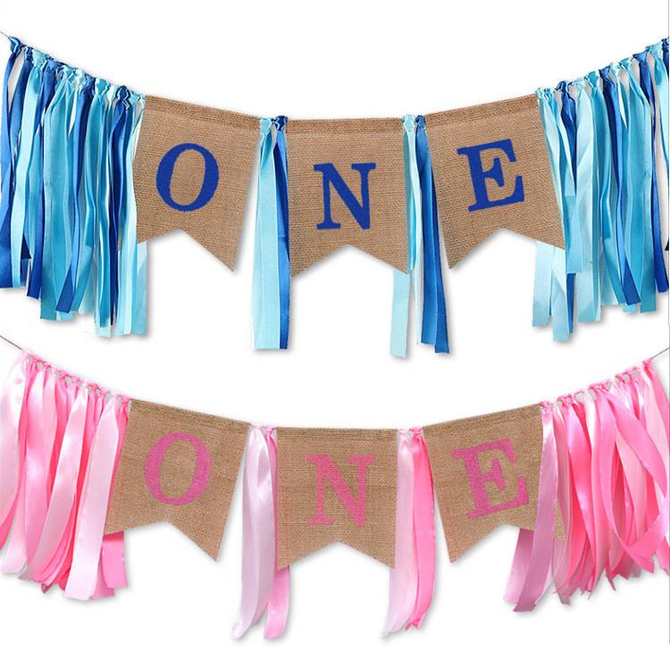 one麻布燕尾旗流苏渐变男孩女孩高脚椅拉花拉幅宝宝周岁派对横