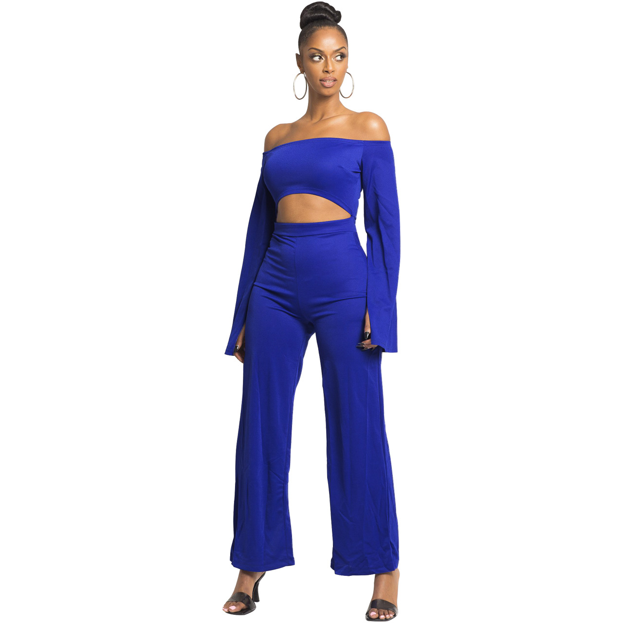 Boutique Casual Solid Color Long Sleeves Cropped off Shoulder Jumpsuit