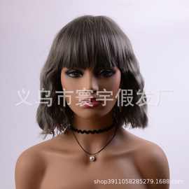 跨境欧美女假发中长卷发短发玉米烫 波浪卷梨花头奶奶灰假发