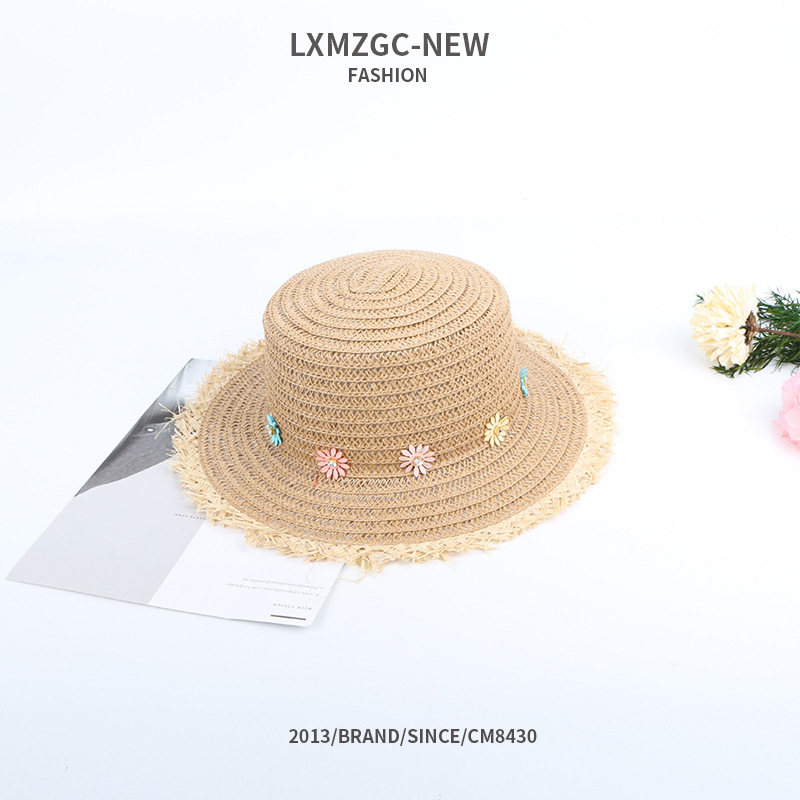 Children's Raw Edge Color Matching Flower Flat Top Straw Hat display picture 4