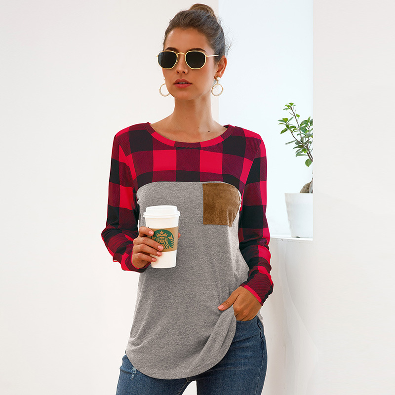 2021 European and American Cross-Border Women's Spring and Summer Tops Amazon Wish Round Neck Plaid Splicing Long-Sleeved Flap Pocket Pants T-Shirt 2021 European and American Cross-Border Women's Spring and Summer Tops Amazon Wish Round Neck Plaid Splicing Long-Sleeved Flap Pocket Pants T-Shirt