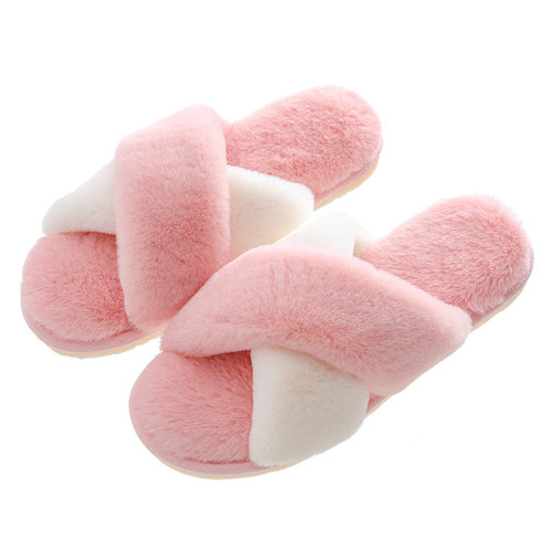 Cixi Younuo Shoes New Furry Cross Strip Contrast Color Floor Slippers Spring and Autumn Warm Fashion Simple Home Slippers