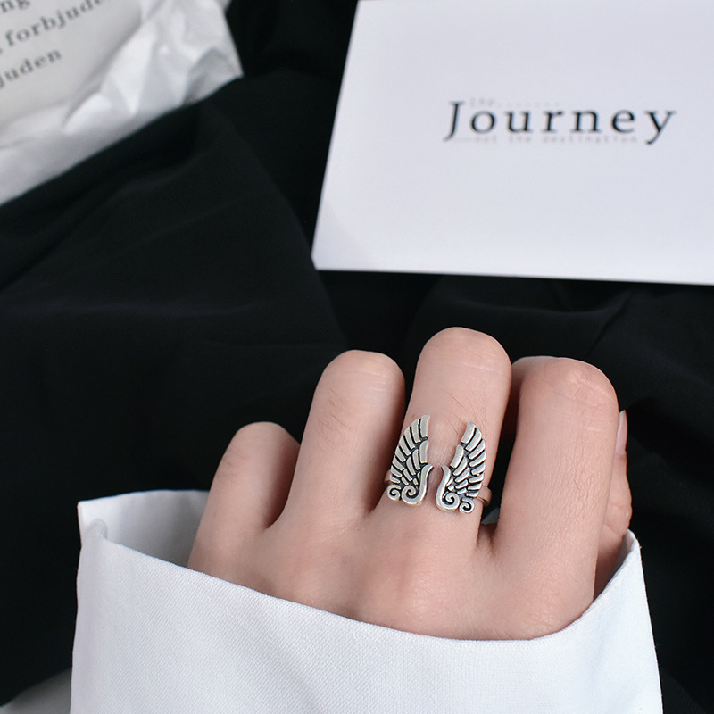 S925 Sterling Silver Ring Retro Distressed Wing Ring Chic Korean Styley Women's Style All-match Personality Silver Ring Jewelry
