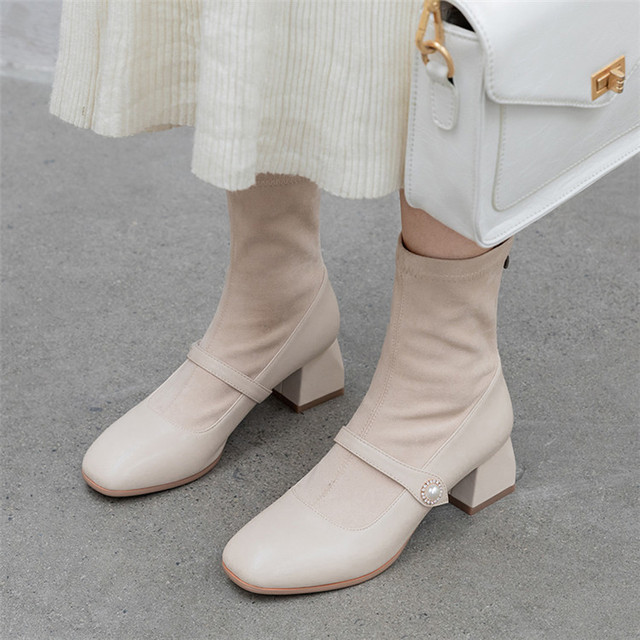 Fashion nude women’s shoes zipper middle high heels elastic suede 