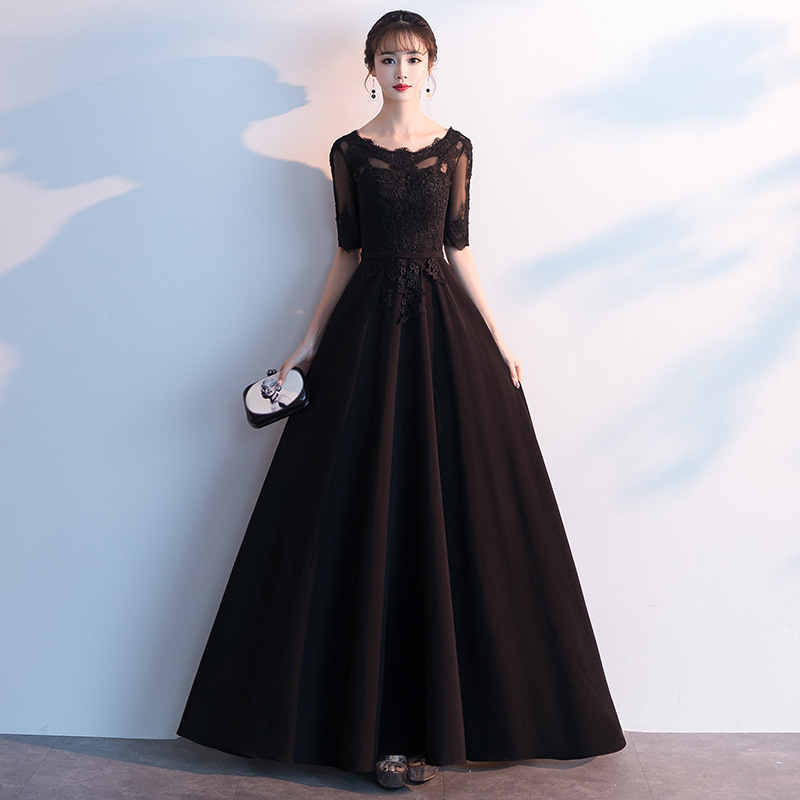 Air Queen Black off-shoulder Long Slimming Host Large Size Chubby Girls Elegant Banquet Evening Dress Dress
