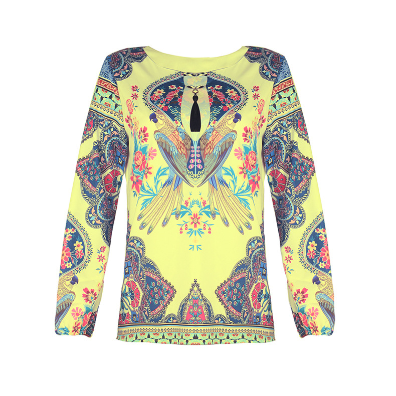 Print Round Neck Lantern Sleeve Shirt  NSKX18922