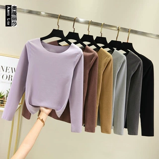 秋冬季新款双面德绒长袖圆领打底衫女弹力修身大码百搭无痕上衣
