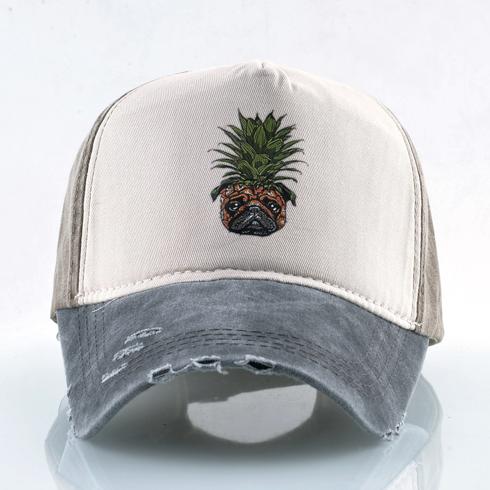 Cappellino da baseball in denim lavato con stampa ananas e cane, ideale per donna, primavera/estate, street dance, hip hop, coppia, taglia unica, regolabile, con becco d'anatra._voghion.com