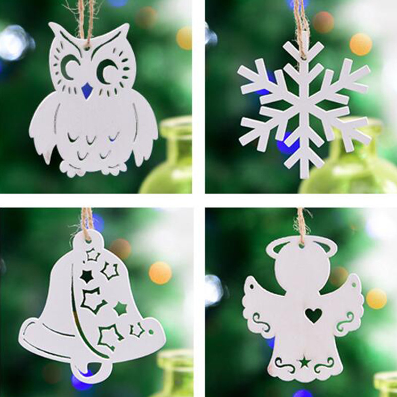 圣诞树装饰品挂件白色木质雪花片小房子猫头鹰雪花雪人麋鹿挂件