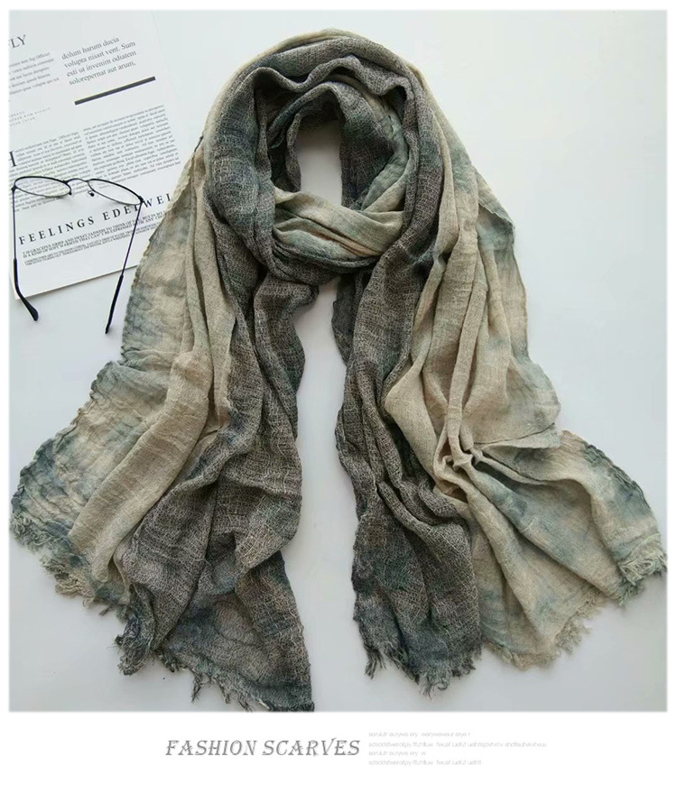 Nouveau Coton Lin Lin Fait Main Cravate Teint Écharpe Rétro Ethnique Longue Femmes Châle Été Crème Solaire Écharpe display picture 1