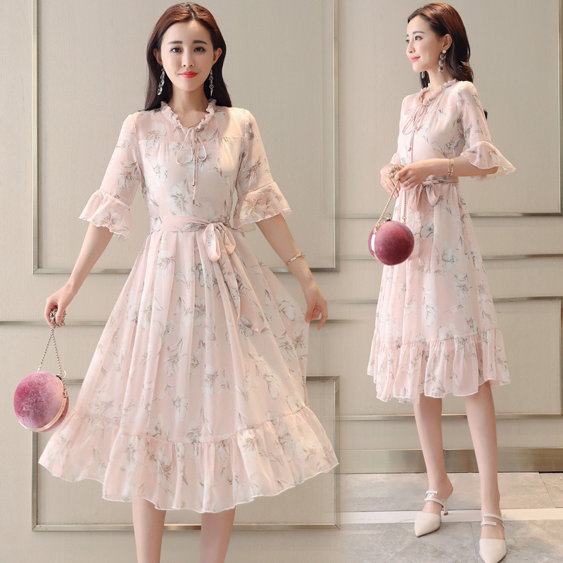 木瓜牛奶夏季新款气质雪纺印花连衣裙中长款韩版时尚中袖碎花裙潮