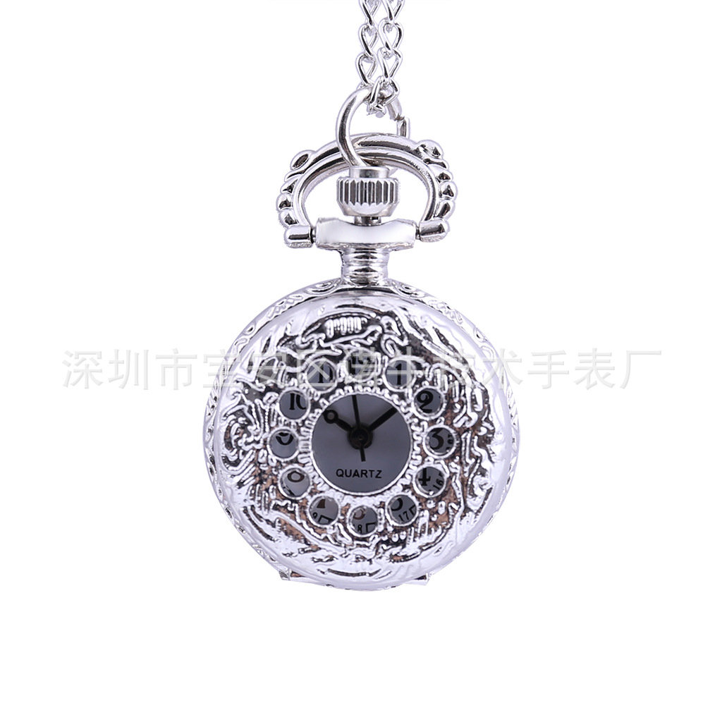 Small Quartz Pocket Watch Silver Hollow Pattern Hanging Watch Gold Fashion Flip with Thin Chain Pocket Watch 6075