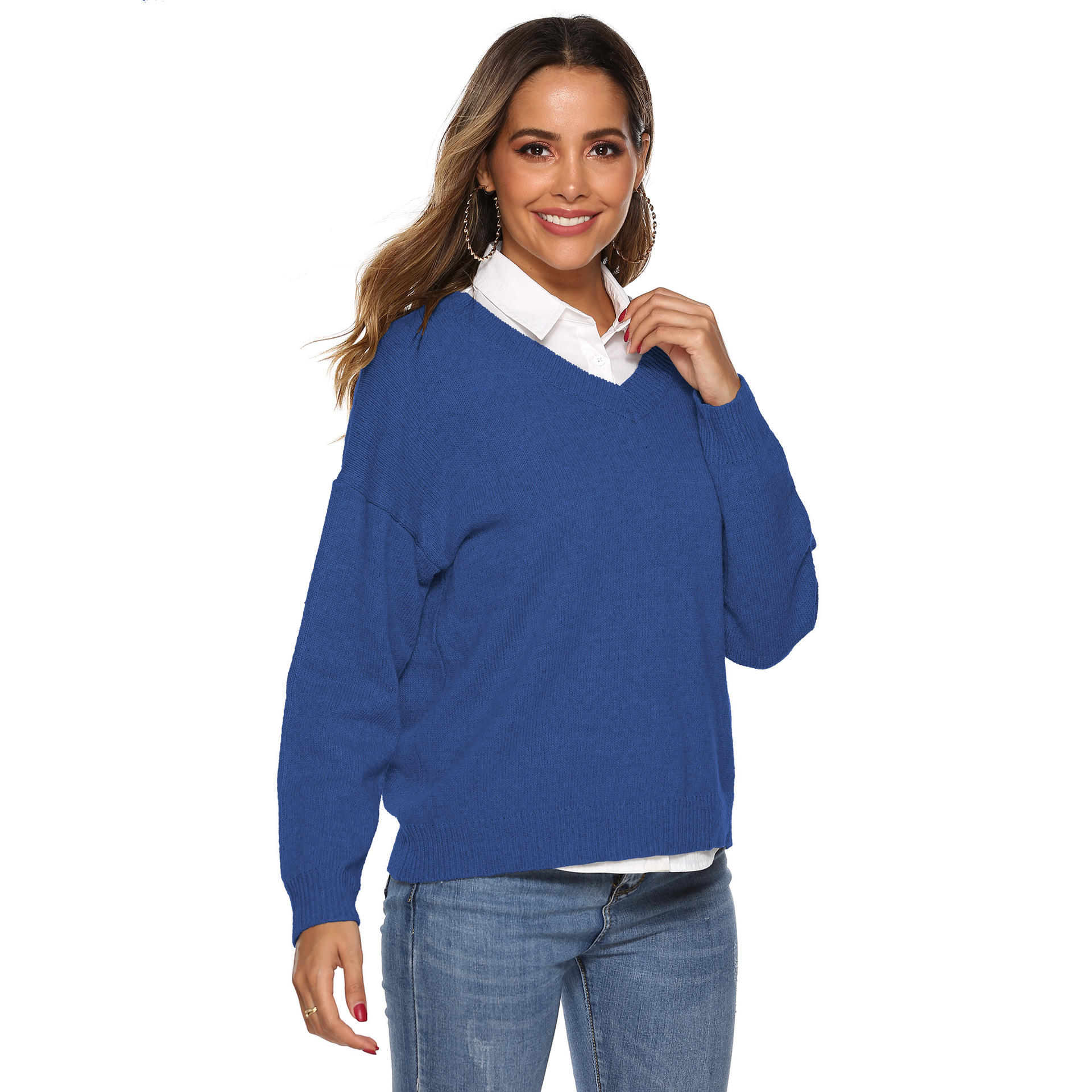 solid color simple woven V-neck pullover  NSOY45997