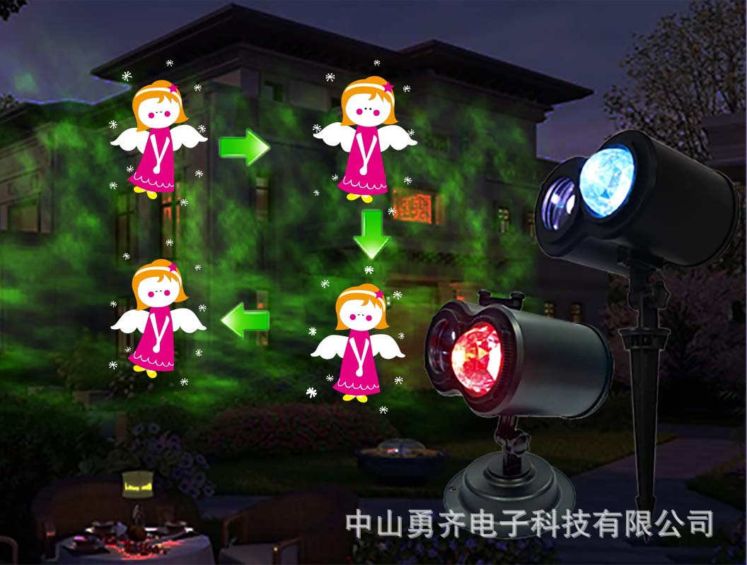 动画灯投影双筒水纹图案跨境欧美插卡万圣雪花菲林户外草坪圣诞灯