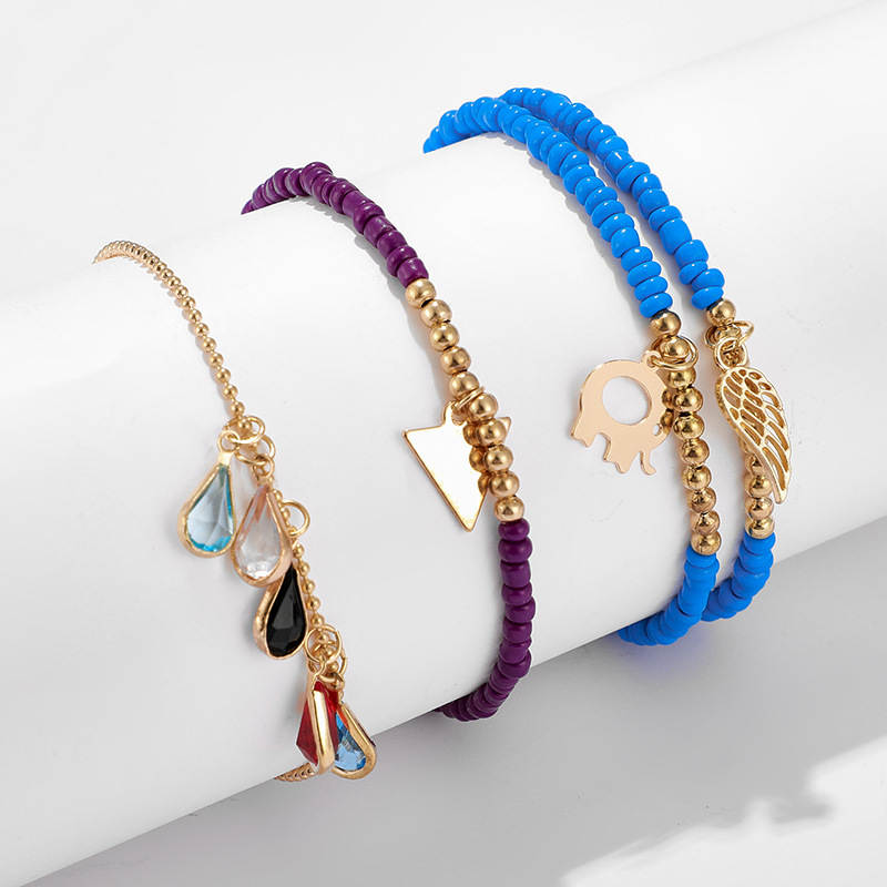 Diamond Beaded Leaf Triangular Elephant Tassel Anklet 3-Piece Set wholesales fashion