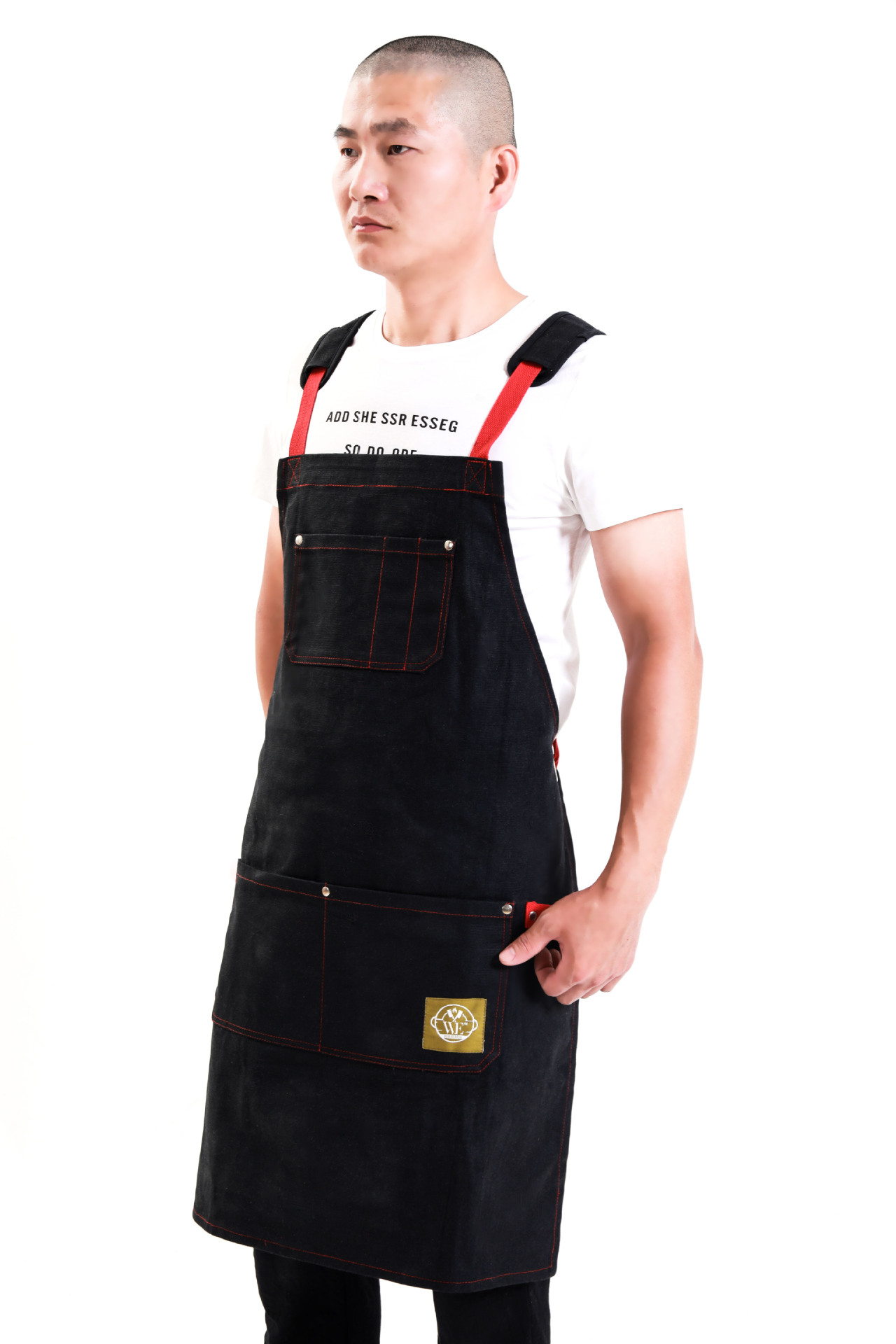 黑色耐用男士餐廳圍裙 烹飪圍裙  燒烤圍裙 3口袋