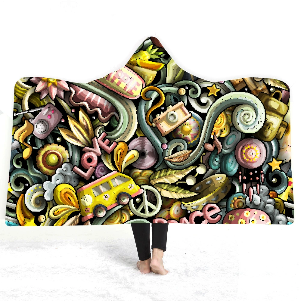 Трансграничное зимнее Европейское и американское одеяло со шляпой-хиппи Одеяло с капюшоном Утолщенный двухслойный плащ, плюшевый с цифровой печатью