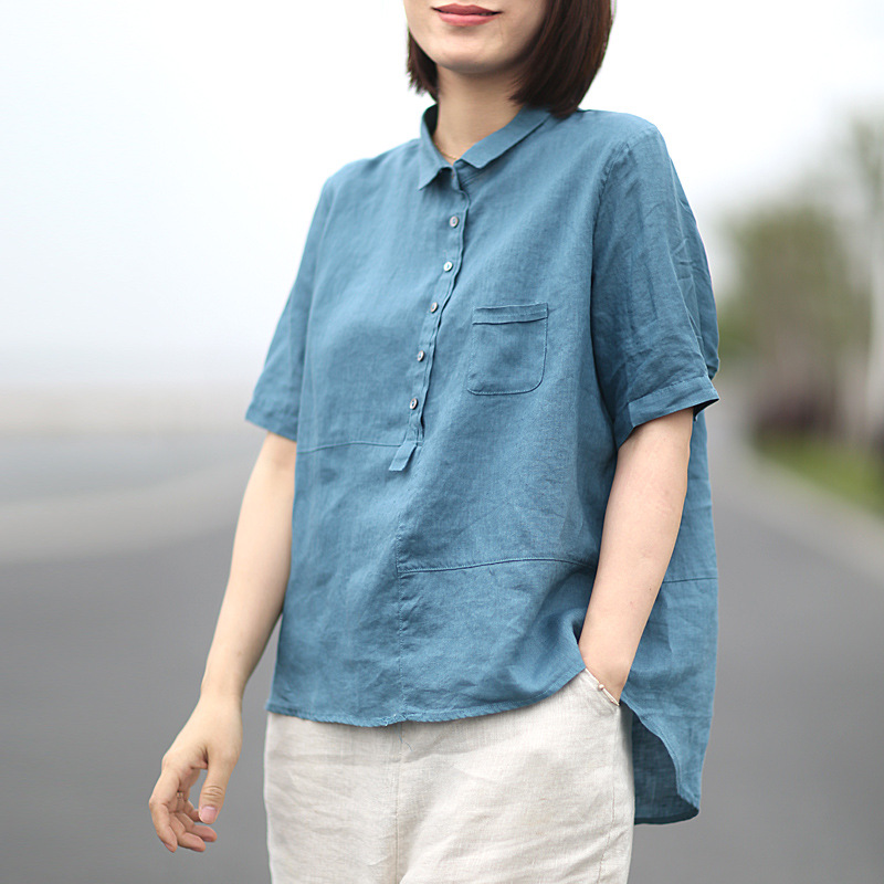 Korean version of casual loose casual large size slim solid cotton linen shirt female pi cotton 2021 summer